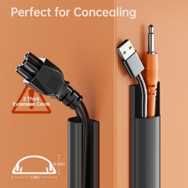 Delamu 42.5in Self-Adhesive Cable Hider Kit - 3 x 14.2in Curved Cord Hider, Seamless Cord Covers for Wires on Wall, Wire Hiders Wire Covers for Cords Wall Mount TV, Cable Management Black