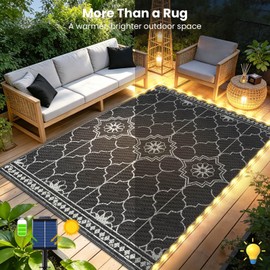 8x10Ft Outdoor Rug, Solar Powered Outdoor Rug with 113LEDs Strip Lights for House Deck, Waterproof Plastic Reversible Outdoor Straw Rugs, Rugs RV Camping Patio Courtyard Beach Picnic(Black Gray)