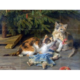 The Christmas Spat by Henriette Ronner-Knip Tile Mural Kitchen Bathroom Wall Backsplash Behind Stove Range Sink Splashback 4x3 4.25" Ceramic, Matte