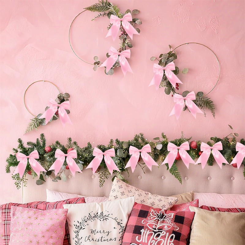 30 Pcs Pink Satin Ribbon Bows, Christmas Tree Bows Wreath