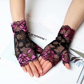 Orcle Women's Short Lace Gloves Fingerless for Driving Wedding Wrist Length Bridal Prom Gloves, Fuchsia#8, One Size