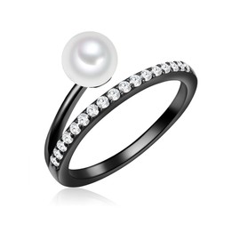 Valero Pearls Women's Ring 925 Sterling Silver Black Rhodium Plated with Freshwater Cultured Pearl White 6.0-7.0 mm Zirconia, Cubic Zirconia