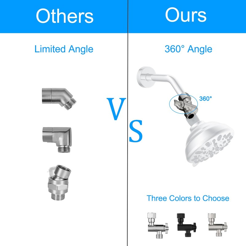 All Metal Adjustable Shower Angle Adapter, 360° Adjustable Swivel Shower