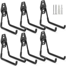 6 Pack Garage Hooks Heavy Duty Storage Organizer Wall Mount Power and Garden Tool Hangers  for Hanging Ladders Ropes Hose Bulk Items - Color: Black 6 pack, Size: Medium U Hook