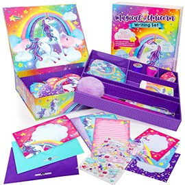 Original Stationery Kit de escritura de letras de unicornio – Juego de 45 piezas de papel y calcomanías multicolor con caja de almacenamiento morada –