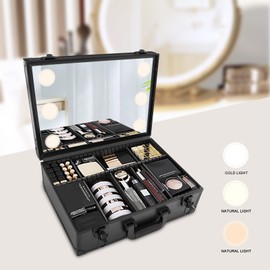 CeRaBuRET Large Makeup Train Case, Cosmetic Organizer Box with Lights and Mirror, Makeup Case with Customized Dividers, Multifunctional Makeup Artist Organizer Kit