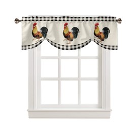 Tie Up Valances for Windows, Farm Rooster Kitchen Curtains Valance Window Shade, Farmhouse Animals Rustic Black White Plaid Rod Pocket Window Treatment Tiers Curtains for Living Room/Bedroom 42"x18"
