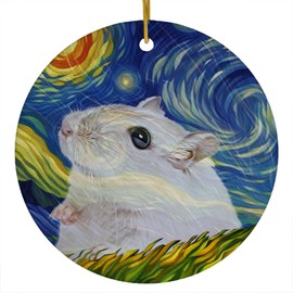 Whimsical Night Sky White Hamster Christmas Ornament Circle Ceramic - Impressionist Pet Portrait Memorial Keepsake Gifts for Hamster Lovers