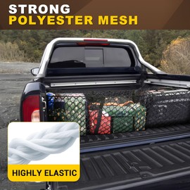 BUMBEE Heavy Duty Mesh Cargo Net 3 Pocket Trunk Bed Storage for 2005-2024 Toyota Tacoma Car, SUV, Pickup Truck Bed with Metal Carabiners Storage Bag(46x14x17Inch)