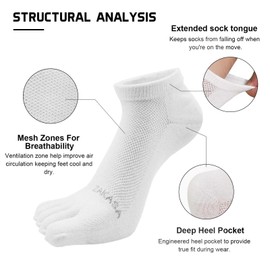 CaiDieNu Toe Socks for Men: Five Finger Cotton Athletic Crew Socks No Show Breathable Running Ankle Socks 5 Pairs Size 8-10, White
