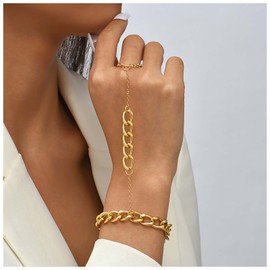 Inateannal Cuban Chain Finger Ring Bracelet Gold Slave Bracelet Chunky Chain Ring Wrist Bracelet Vintage Finger Bracelet Hand Harness Chain Bracelet Jewellery Women and Girls Gifts