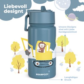 BEARFOOT Children's Stainless Steel Water Bottle with Straw - Thermos Flask 400 ml - BPA Free - Leak-Proof - Toddlers, Girls & Boys Water Bottle for School, Nursery (Blue - Digger Monkey)