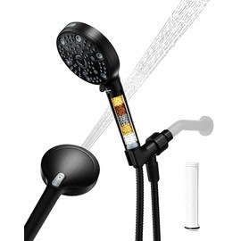 Regadera Manual Filtrada Alta Presión para Agua Dura, con 7 Rociados, Chorro Potente y Pausa, Desmontable y Ajustable, Piel y Cabello Sanos - Negro Ma