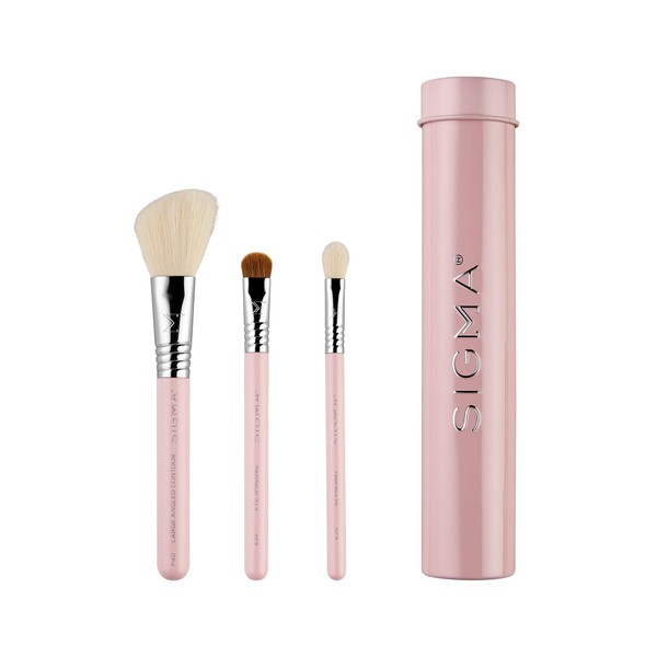 Sigma Beauty Travel Essential Trio - Juego de brochas de maquillaje para base de maquillaje en polvo, sombra de ojos, 3 cepillos de herramientas con soporte de lata, color rosa claro