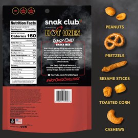 Snak Club x Hot Ones Tangy Chili Snack Mix, Mild Spicy Snacks with Peanuts, Pretzels, Sesame Sticks, Toasted Corn & Cashews, Inspired by Hot Ones Hot Sauce, 10 oz Bag