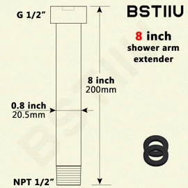 Black Shower Arm Extender, 8 Inch Shower Arm Extension by BSTIIU, NPT 1/2 Inch Male to Female, Straight Shower Arm in Matte Black
