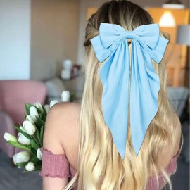 Hair Bows for Women,Light Blue Silky Satin Hair Bow with Oversized Long Tail Large Hair Ribbons Barrettes Metal Clips Hair Accessories for Girls Party (Light blue)