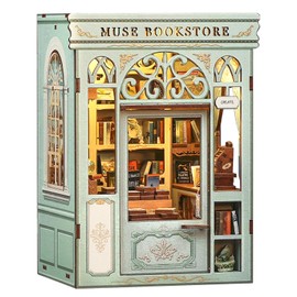 Cutefun Book Nook Kit - DIY Miniature Dollhouse Kit for Adults, 3D Wooden Puzzle Mini House Building Kit with LED, Bookshelf Insert Decor Creative Gifts for Teens and Beginners (Muse Bookstore)