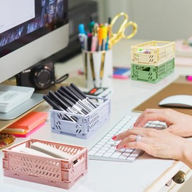 Xhwykzz 4 Pack Mini Pastel Crates for Storage, Small Plastic Baskets, Folding Colorful Crates for Bedroom Office Classroom Desktop Drawer Organizers (5.9x3.9x2.2in