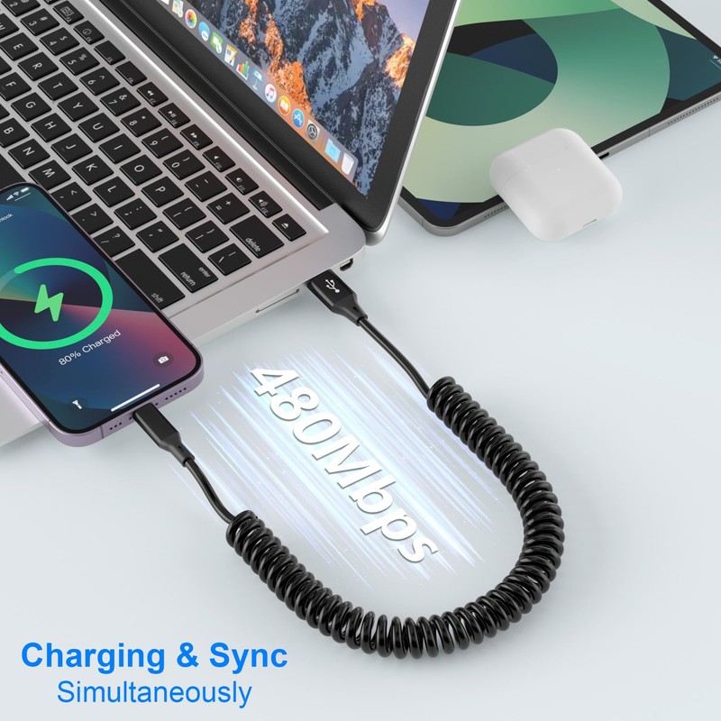 Coiled Lightning Cable 2 Pack, Apple Carplay Cable& MFi Certified,