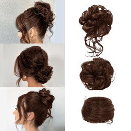 FDEETY Pack of 3 Hairpieces with Elastic Band, Curly Wavy Synthetic, Messy Bun Bun Hairpieces, Updo Hair Accessories for Women, Hairpieces for Thin Hair (Light Brown)