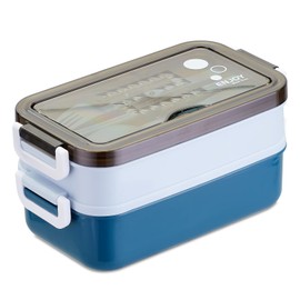 PUOENFGR Bento Lunch Box,Japanese-Style Large Capacity Double Layer stacking,Microwave Can Be Used,Comes with Three-Piece Cutlery Set,Adults Love It,Great for Camping,Work(Blue)