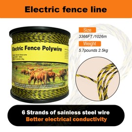 DSZBESTER Upgraded Electric Fence Polywire 3366 feet 1026 Meters,1/8 Diameter Portable Electric Fencing Polywires, 6 Stainless Steel Strands for Reliable Conductivity and Corrosion Resistant