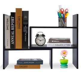 Hossejoy Desk Shelf, Adjustable Desktop Storage Organizer, Wood Display Shelf Rack, Office Supplies Desk Organizer, Black