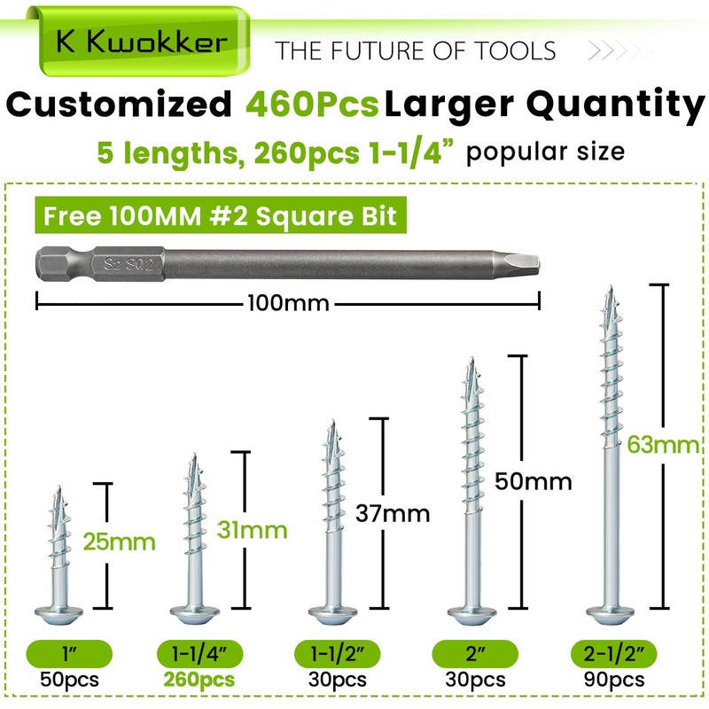 K Kwokker 460Pcs Pocket Hole Screws, 1" 1-1/4" 1-1/2" 2"