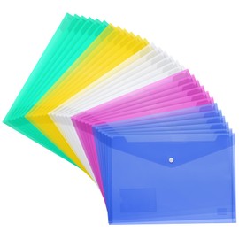 H&S 30pcs A4 Plastic Wallets Folder Foolscap Document Files Popper Wallet Envelope Folders Pockets Clear Green Red Blue Yellow