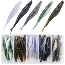 Bombrooster Fishing Bait Soft Plastic Fishing Lure, 5in Salty Split Tail Jerk Shad Minnows Lure for Bass Fishing, Swimming Jerk Bait 30 Pcs with Tackle Box