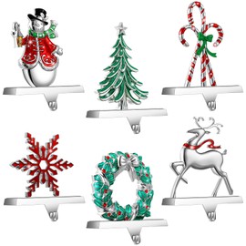 6 Pieces Snowflake Stocking Holder Christmas Stocking Holders Elk Santa Claus Silver Metal Stocking Hanger Mantle Hooks for Mantel Fireplace Christmas Party and Home Decoration (Reindeer)