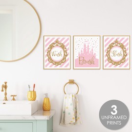 Big Dot of Happiness Little Princess Crown - Unframed Wash, Brush, Flush - Pink and Gold Princess Bathroom Wall Art - 8 x 10 inches - Set of 3 Prints
