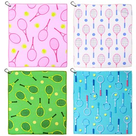 4 Pcs Tennis Towel 15 x 17 Inch Soft Prints Towels Tennis Training Gym Absorbent Fast Drying Towel with Carabiner Clip Hand Towels Tennis Gift for Women Men Team Sports Accessories