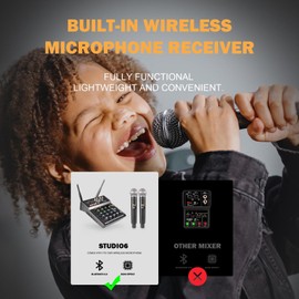 G-MARK Professional Audio Mixer, 4 Channel DJ Mixer with Dual Wireless Microphone, Sound Board MP3 Bluetooth Mixer 48V Phantom Power USB Interface for Karaoke Studio Recording PC Guitar