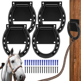 Zhengmy 4 Set Tie Ring for Horses Solid Steel with 3 x 3 Inch Expansion Screws, Horseshoe Cross Ties Down for Horse Tack Stall Stable Supplies, Black