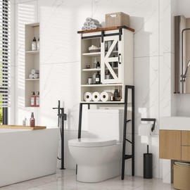 kepptory Over The Toilet Storage Cabinet, Above Toilet Storage Cabinet with Adjustable Shelves and Barn Door, Farmhouse Behind Toilet Bathroom Organizer for Bathroom, Laundry Room, Off-White