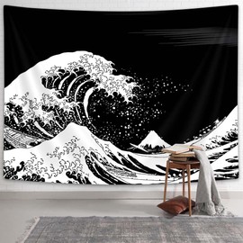 Bzhilja Japanese Waves Tapestry Wall Hanging, Black and White Japan Mount Fuji Kanagawa Ocean Wave Wall Decor Tapestries for Bedroom Living Room Wall Art Hangings Collage Dorm,60X40