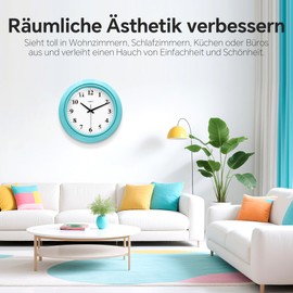 TAHEAT Blue Wall Clock, Quiet No Ticking Children's Wall Clock for Bedroom, Children's Room, Living Room, Kitchen, 25 cm