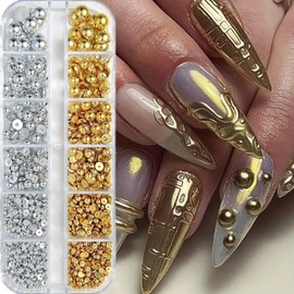 GZMAYUEN 3D Flatback Beads Silver and Gold, 3D Half Beads for Nails Flatback Beads Nail Beads for Nail Art