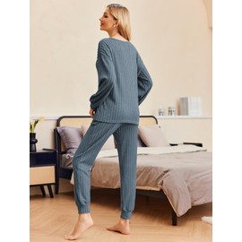 Ekouaer Pajamas Women’s 2 Piece Lounge Sets Long Sleeve Top and Pants Ribbed Knit Matching Outfits Winter Loungewear Dark Blue,M