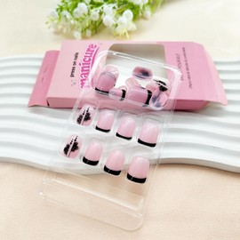 Black French Tip Press on Nails Short Square Fake Nails with Flower Designs Nude Acrylic Nails Press ons Full Cover Glue on Nails Glossy Artificial Stick on Nails for Women Girls 24 Pcs
