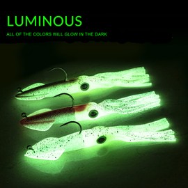 Fishing Squid Lures Kit Pre-rigged Squid Lure Glow In the Dark Squid Jig Octopus Artificial Bait Saltwater Sea Fishing Lures Sinking Lure 35g 2Pcs
