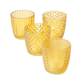 WHW Whole House Worlds Modernist Home 4 Piece Chubby Tea Light and Votive Candle Holder Set, Translucent, Honey Yellow Glass, 3.25 Inches