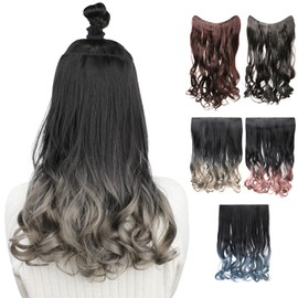 FINGOOO One Touch Wig, Collarless Extension, Curly Hair, Synthetic Hair, Gradient, Inner, Long, Heat Resistant, Natural, Easy Installation (Black x Linen Gray)