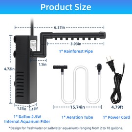 DaToo 2.5W Submersible Aquarium Internal Filter Filtration/Oxygenation/Water Cycle Power Pump Filter for Fish Tanks 2 to 10 Gallon 53 GPH