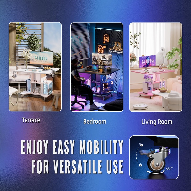 Pamray Small Rolling Gaming Desk with Led Lights Power Outlets