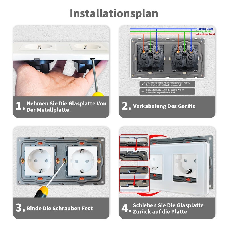LIAONFOY 2.5D Schuko Double Socket Flush-Mounted Double Wall Socket White