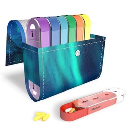 Pill Organizer,LIZIMANDU Weekly Travel Pill Case Box Medication Reminder Daily AM PM, Day Night 7 Compartments,for 4 Times A Day, 7 Days a Week-Includes Leather PU Carrying Case (Northern Light)
