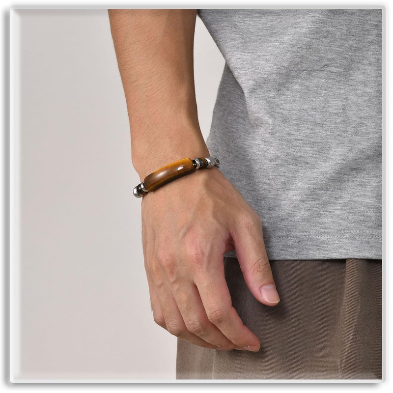 Xusamss Tiger Eye Stone Bar Link Bracelet for Men(Brown)